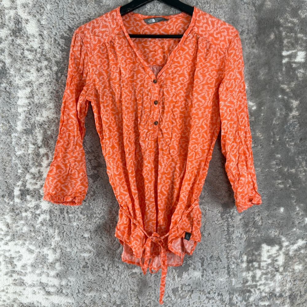 The North‎ Face Size M Ikat Print Henley Tie Waist Tunic Top Orange 3/4 Sleeve